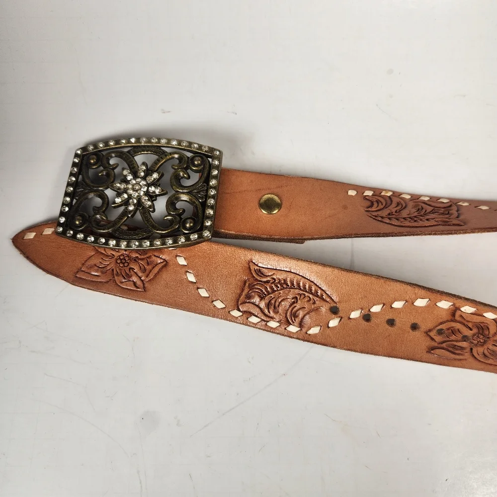 Western Rhinestone Belt Size 32 Brown Tooled Leather Cowboy Rodeo Equestrian - Picture 5 of 9